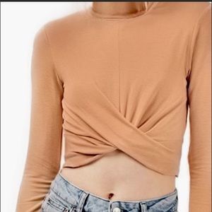 Zara Trafaluc Twist Hem Long Sleeve Crop Top Tan S